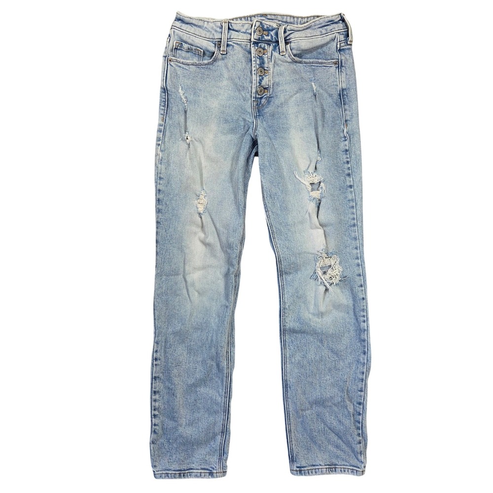 Old Navy Power Slim Straight High Rise Distressed Button Fly Jeans Light Wash 8